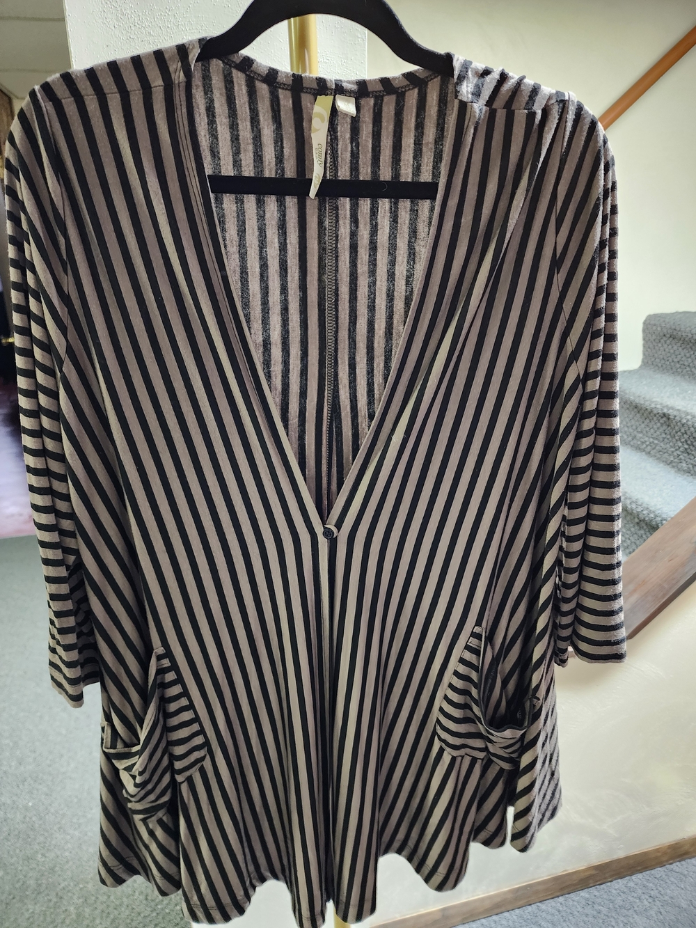 Comfy USA Striped V-Neck Cardigan Jacket in Black & Gray. Made In USA
